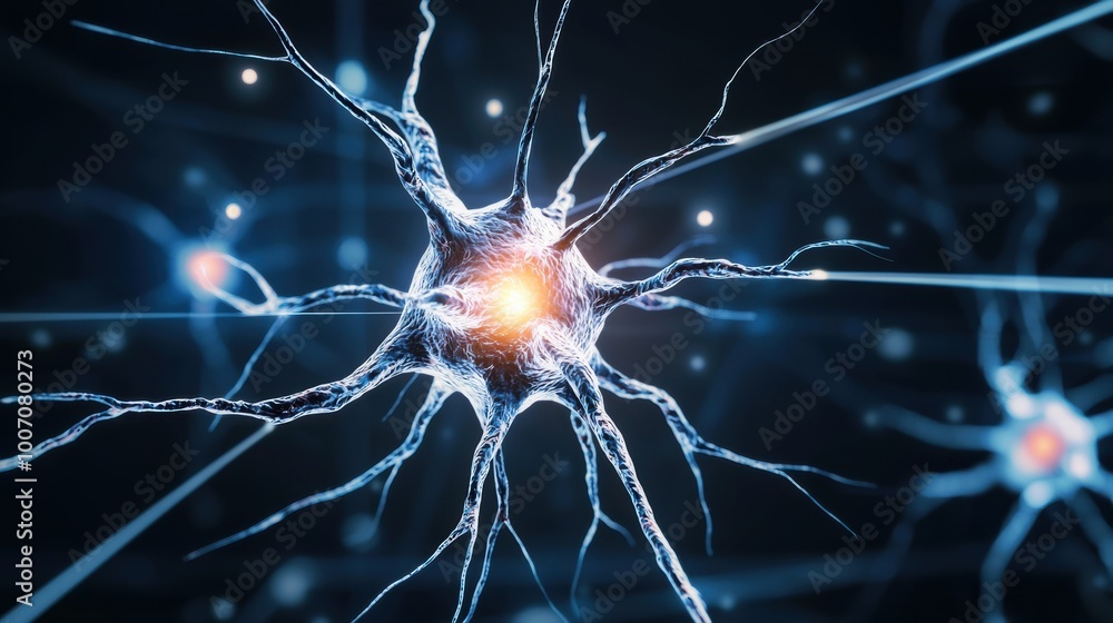 Poster neural network close-up with glowing synapse