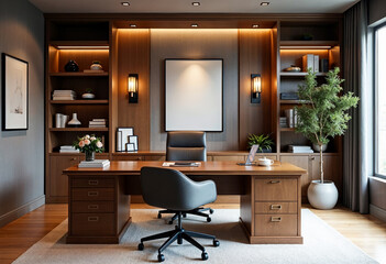 Luxury home office interior with wooden furniture office desk chair bookcase and decor mockup wall 3d rendering