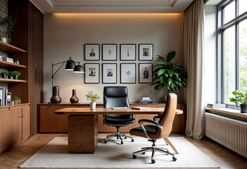 Modern luxury home office interior design with wooden furniture large window indoor plants and artwork display