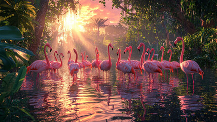 flock of flamingos standing gracefully in shallow water, surrounded by lush greenery and illuminated by stunning sunset. scene evokes tranquility and natural beauty © Aekkawass