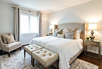 Modern bedroom interior design with beige furniture armchair window and nightstand table lamp rug comfortable luxury apartment home decor