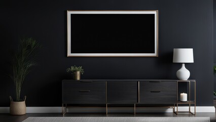 A modern living room setup featuring a dark wall, sleek furniture, and minimal decor.