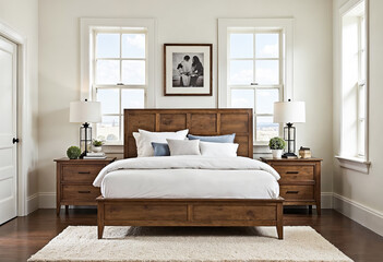 Modern bedroom interior design with wooden furniture bed nightstands table lamp white bedding and fluffy rug home decor interior decorating ideas inspiration cozy and comfortable bedroom design