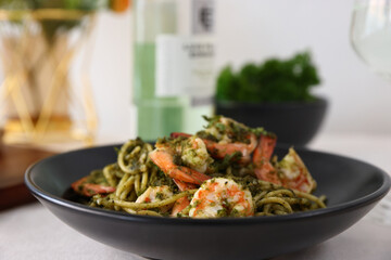 ispaghetti with pesto and shrimp Vegetarian vegetable low carb pasta.Italian food .Traditional Italian cuisine.