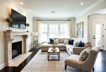 Fototapeta premium Bright living room interior design with sectional sofa fireplace and large windows