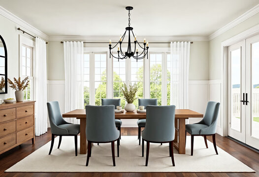 Bright airy dining room interior design blue chairs wood table white trim molding windows natural light chandelier farmhouse style home decor real estate listing staging luxury home interior design