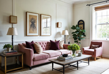 Fototapeta premium Elegant pink living room interior with velvet sofa and armchair