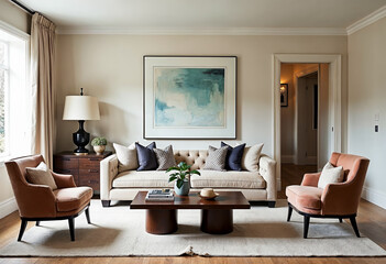 Elegant living room interior with neutral color palette sofa armchairs coffee table lamp and abstract painting on the wall