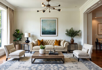 Fototapeta premium Modern living room interior design with tufted sofa coffee table and large area rug