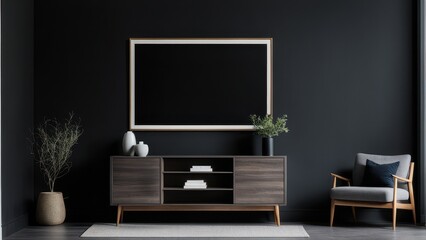 A modern living space featuring minimalist furniture and decor against a dark wall.