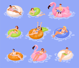People Character on Inflatable Circle and Rubber Ring Float in Water Vector Set
