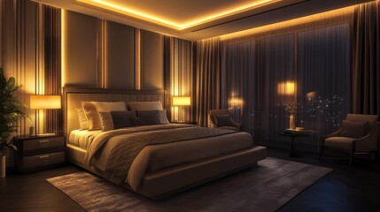 Refined luxury bedroom with a silk bedspread, modern furnishings, and ambient lighting