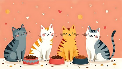 Four playful cats sit in a cheerful environment, happily eating from their bowls