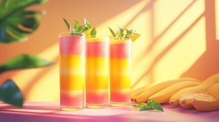 A bright and refreshing scene featuring three layered tropical smoothies in tall glasses