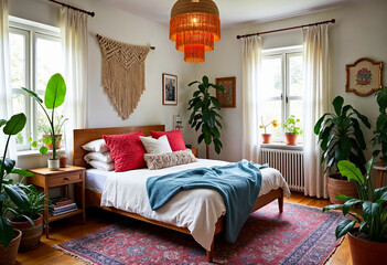 Fototapeta premium Bohemian Bedroom Decor With Urban Jungle Plants And Macrame Wall Hanging Above Bed Interior Design Trends