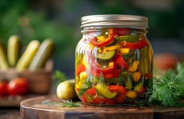 A jar filled with pickled peppers and assorted vegetables, featuring dill pickle spears behind it