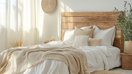 Relaxing bedroom with a natural wooden headboard, organic cotton sheets, and soft, natural light