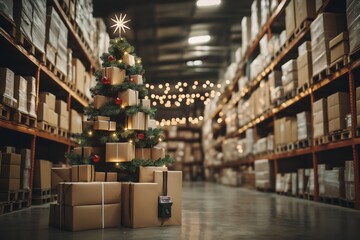Christmas tree made from courier boxes in warehouse