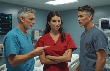 Obraz premium A nurse in blue scrubs interacts with two men by a hospital bed