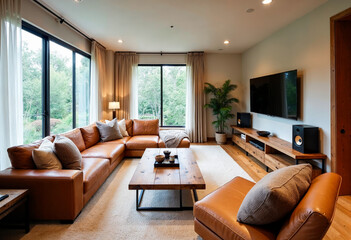 Fototapeta premium Modern living room interior design with leather furniture and large windows showcasing a bright and airy ambiance ideal for relaxation and entertainment