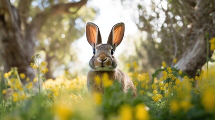 Fototapeta premium A Curious Rabbit in a Field of Yellow Flowers