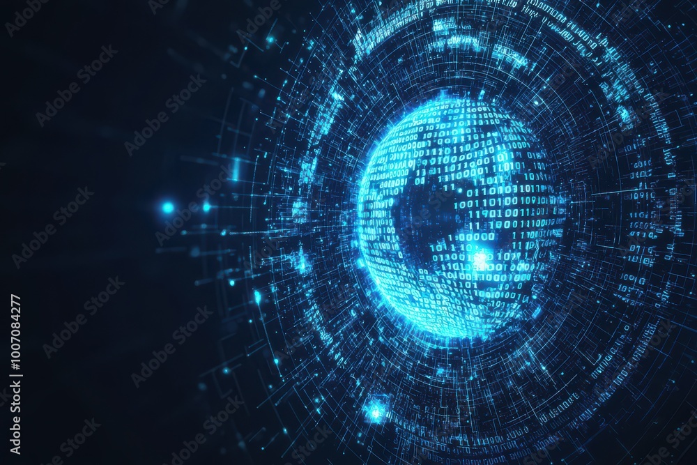 Poster digital eye with binary code in the center, representing technology, data security, and artificial i