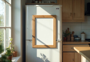 White Refrigerator with Empty Frame Mockup in Sunny Kitchen Interior with Plants Window and Minimal Decor Appliance Advertisement Marketing Home Design Social Media Template