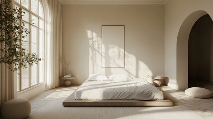 Serene bedroom with minimalist decor, a platform bed, and a soft color palette