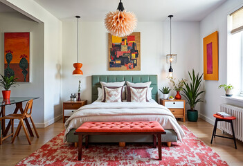 Modern bedroom interior design with colorful abstract art decor and green plants
