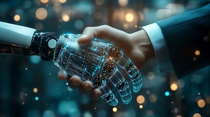  Robot hand shaking with a human: a symbol of future business cooperation. Combining artificial intelligence and human touch for technological evolution. 