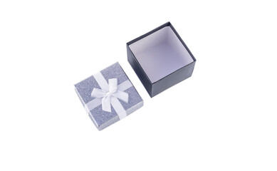 Silver decorative square small box with white bow on white background