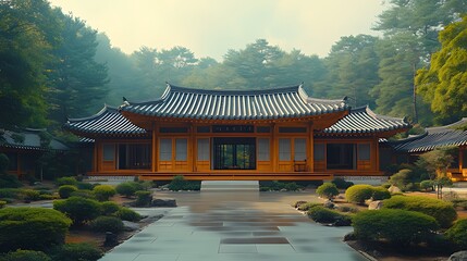 Fototapeta premium A traditional Asian wooden temple with a tiled roof, surrounded by a serene garden with manicured bushes and gravel paths.