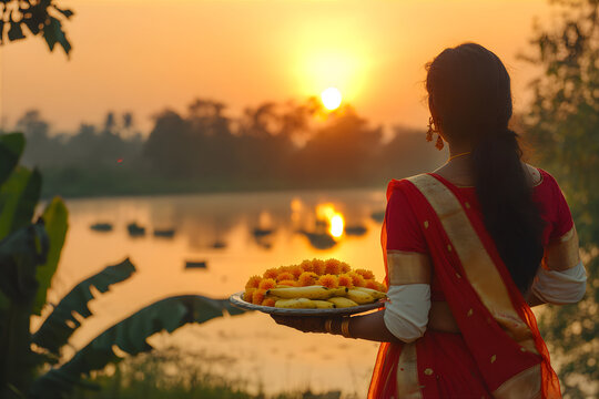 Chhath Puja background. Ancient Sandhya arghya day. Lady near the river to worship Surya, the sun god and his sister Chhathi Maiya