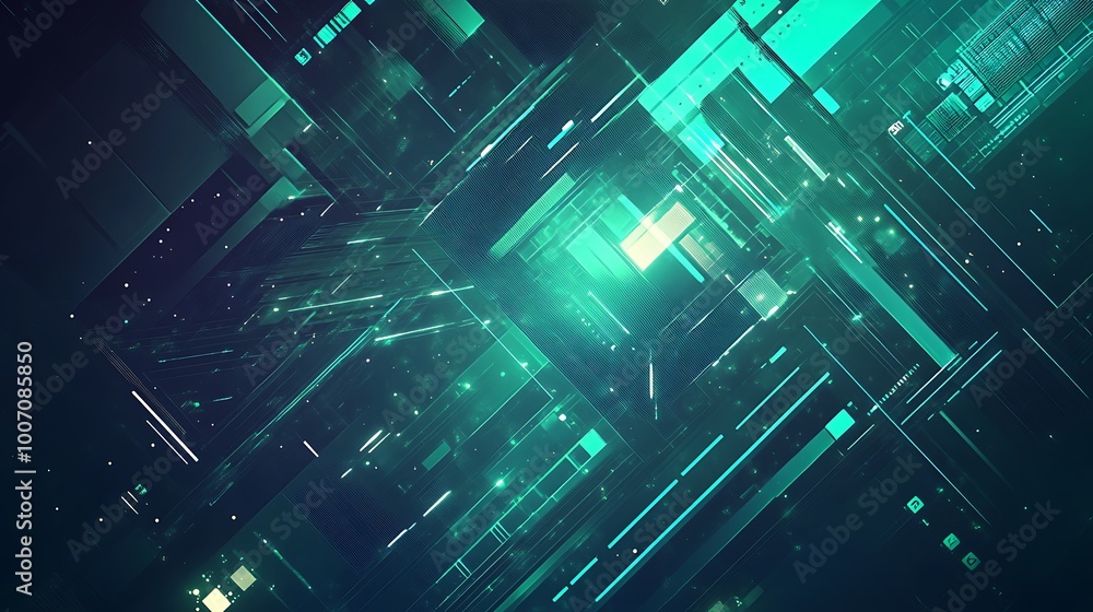 Aufkleber Abstract digital background with green and blue geometric shapes and lines, creating a sense of depth and movement.
