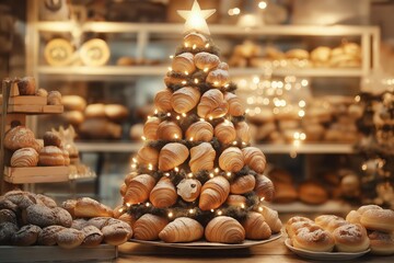 Christmas tree made of croissants and bread in bakery