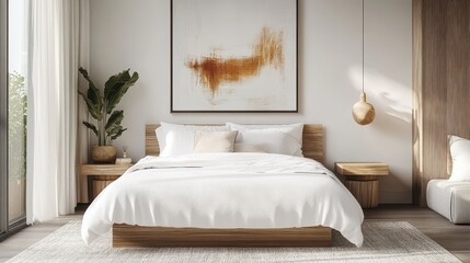Fototapeta premium Serene minimalist bedroom with a white bed, floating nightstands, and abstract art