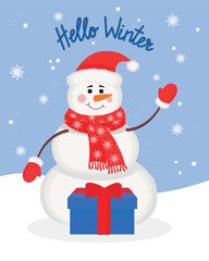 A winter postcard with a snowman and a gift. A cute snowman in a hat, scarf and mittens. Christmas vector illustration. The mascot. Vector New Year's card.