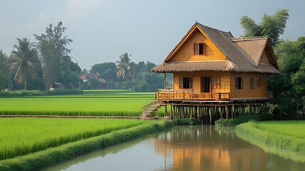 Obraz premium A traditional wooden house on stilts stands in a rice paddy field, with a canal running in front of it.