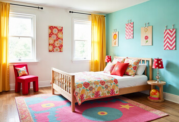 Bright colorful girls bedroom interior design yellow teal pink floral artwork furniture home decor