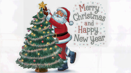 Santa Claus Decorating a Christmas Tree, A charming scene of Santa Claus carefully placing a star on top of a beautifully decorated Christmas tree.