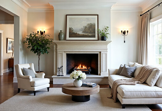 Elegant living room interior with fireplace armchair and sofa home decor design