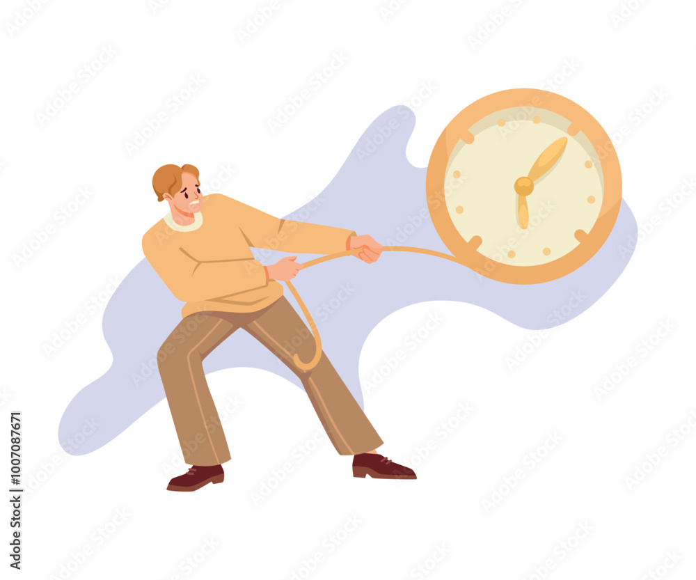 Poster man character pulling clock dial with rope vector illustration