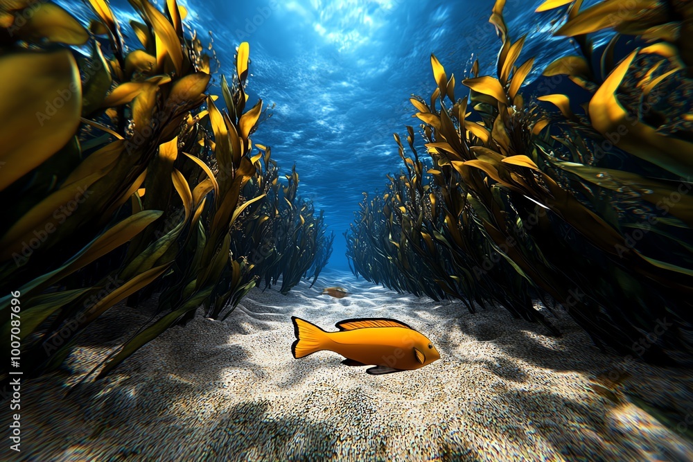 Poster interactive 3d digital model of a kelp forest, where users can explore the ocean floor, swimming thr