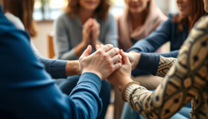 A close-up view of people holding hands together, symbolizes friendship, common cause and mutual assistance