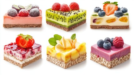 Assorted raw vegan cakes with fruit and seeds, healthy raw dessert slices