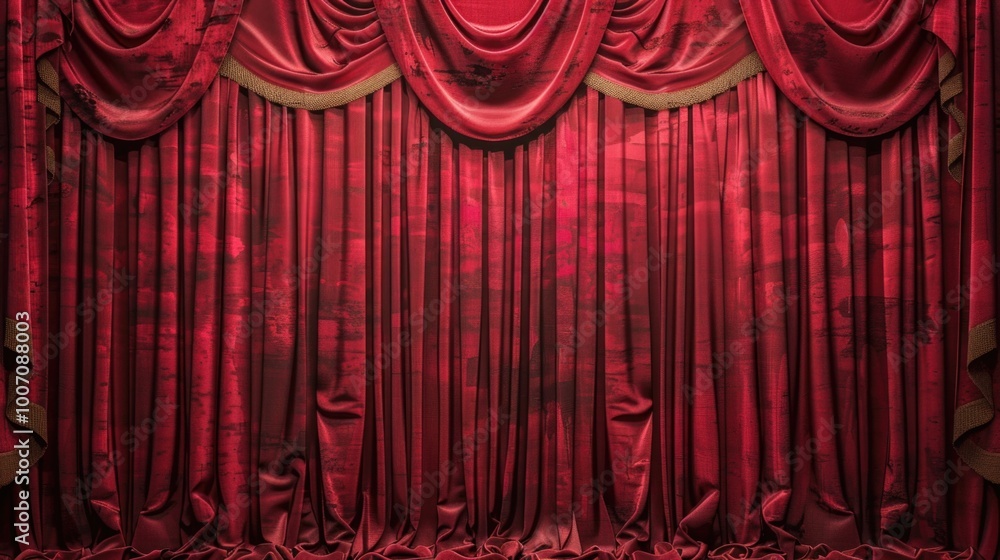 Poster a close-up shot of a red stage curtain with a golden border, suitable for use in theater or performa