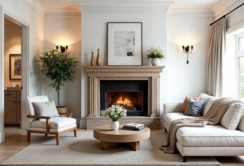 Fototapeta premium Modern living room interior design with fireplace armchair and sofa home decor ideas