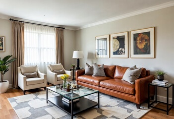 Modern living room interior design with leather sofa white armchairs and large window