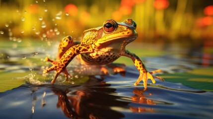 Fototapeta premium A Green Frog Leaps Out Of Water