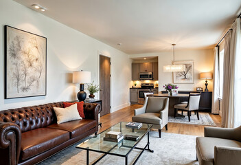 Luxury open plan apartment living room kitchen interior design with modern furniture decor and hardwood floor